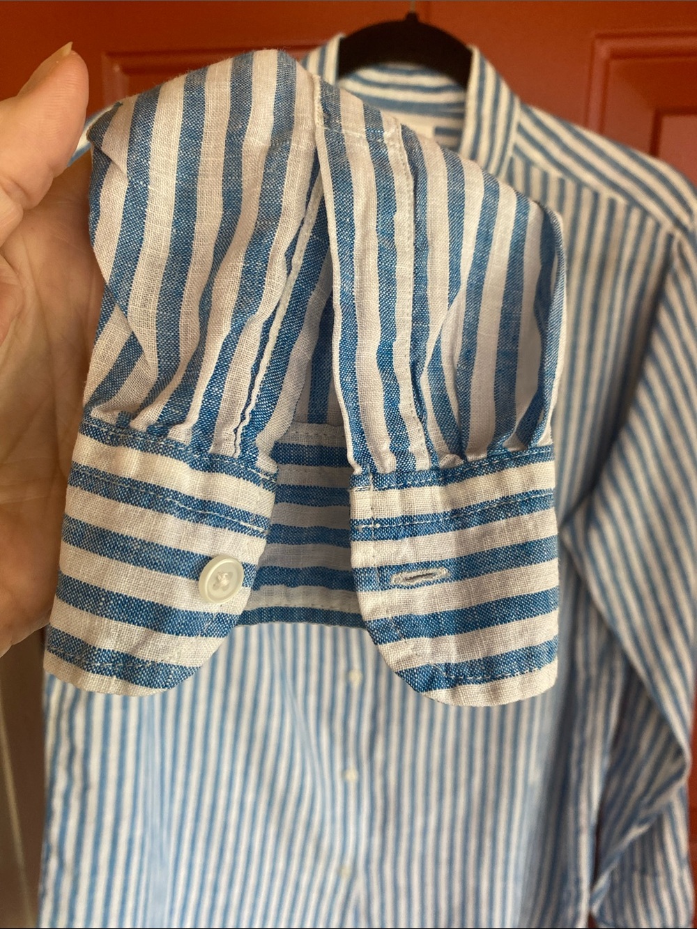Uniqlo Linen Blue and White Vertical Stripe Dress Shirt - Picture 3 of 6